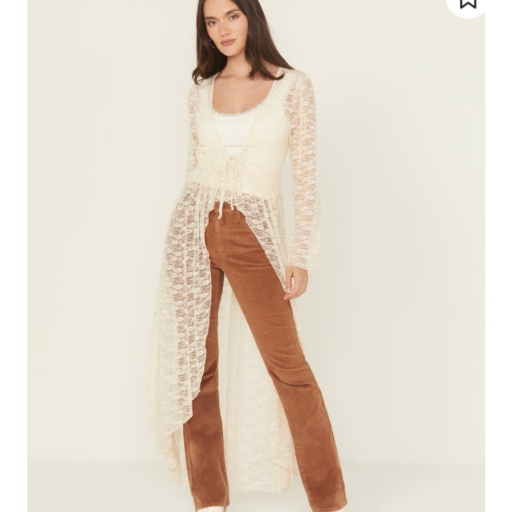Lace Duster Cardigan with Cream Tank and Brown Pants Outfit